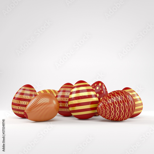 Wall Mural 3d render of 8 red and gold easter eggs on white background