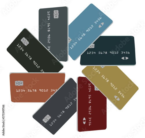 Credit cards, eight of them are arranged in a circular formation with an eight pointed star in the middle. They are generic but realistic cards in a vector image.