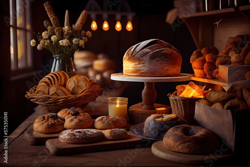 bakery interior with display counters full of scrumptious bread and pastries. Shop a patisserie or bakery with croissants  apple pies  waffles  and churros. Freshly baked pastries. Generative Ai