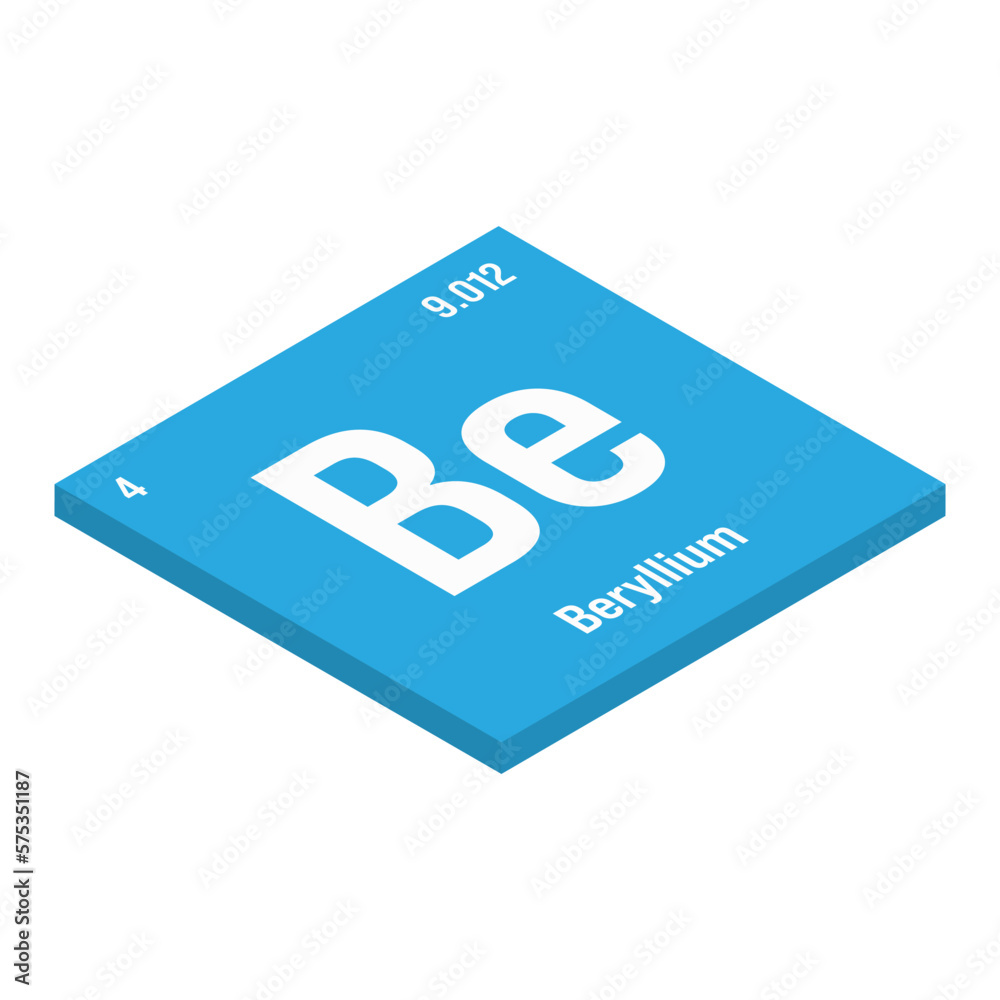 Beryllium, Be, periodic table element with name, symbol, atomic number and weight. Lightweight metal with high strength and heat resistance, commonly used in aerospace and defense industries. Beryllium, Be, periodic table element with name, symbol, atomic number and weight. Lightweight metal with high strength and heat resistance, commonly used in aerospace and defense industries.