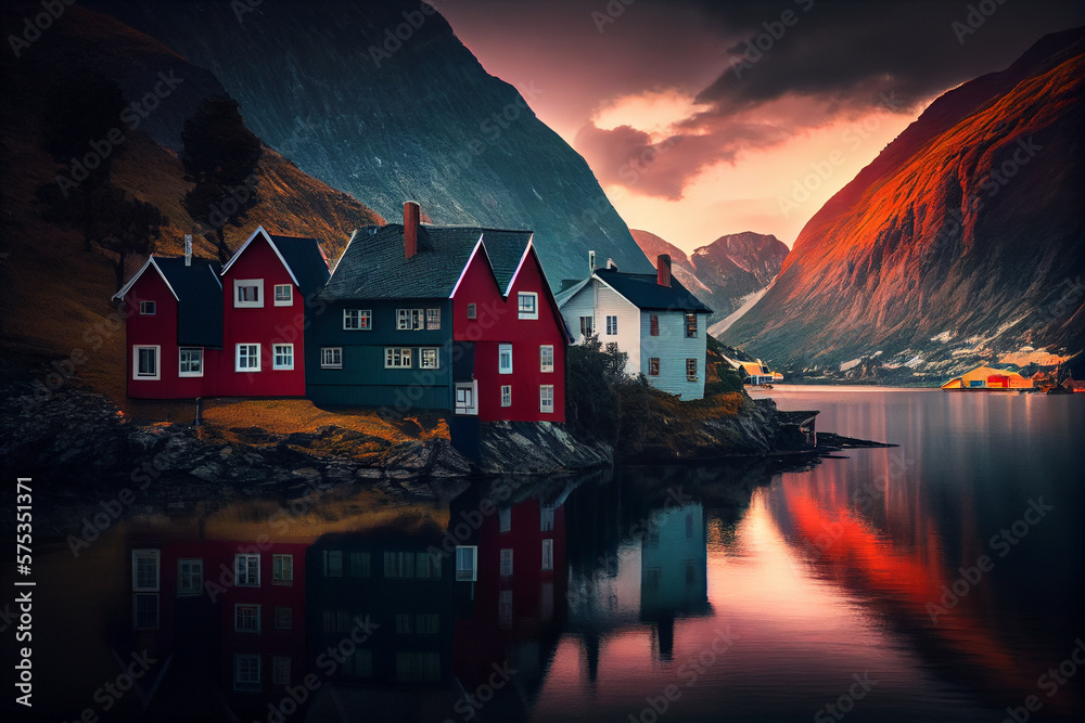 Picturesque colored houses on the shore of the fjord. AI generated - obrazy, fototapety, plakaty 
