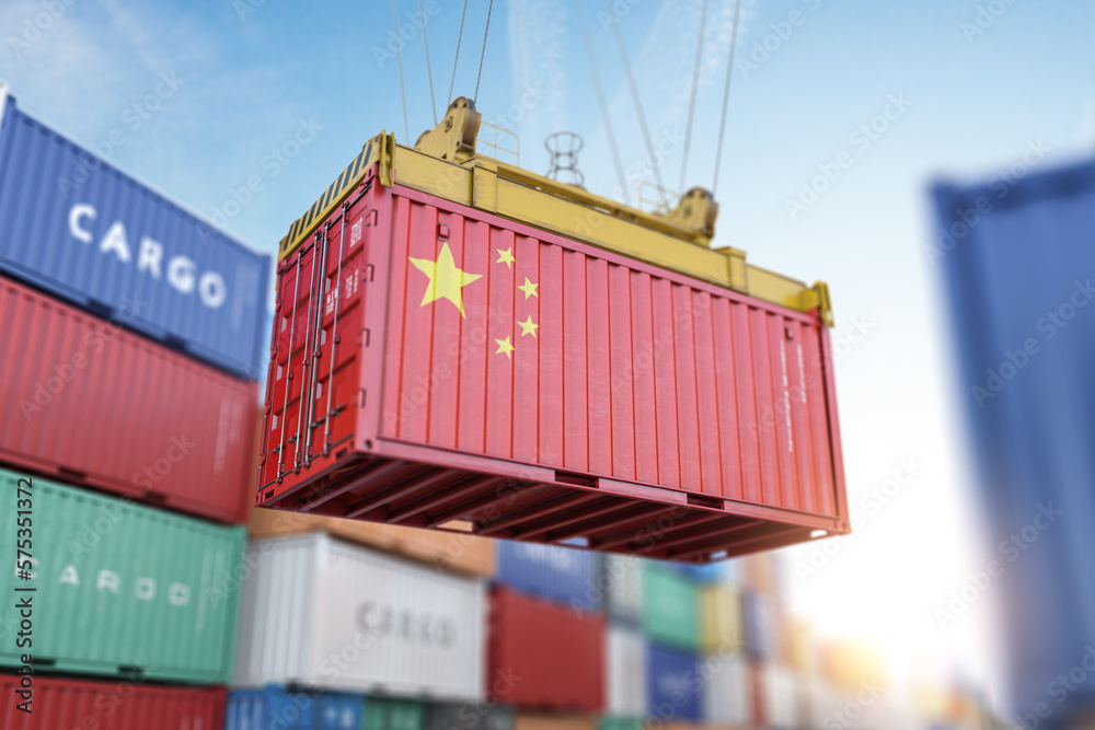 Cargo shipping container with China flag in a port harbor. Production, delivery, shipping and freight transportation of chinese products concept. - obrazy, fototapety, plakaty 