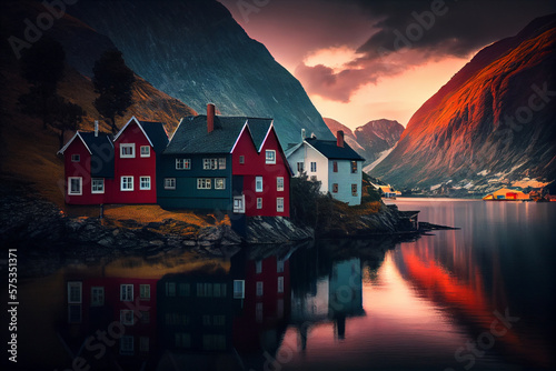 Picturesque colored houses on the shore of the fjord. AI generated