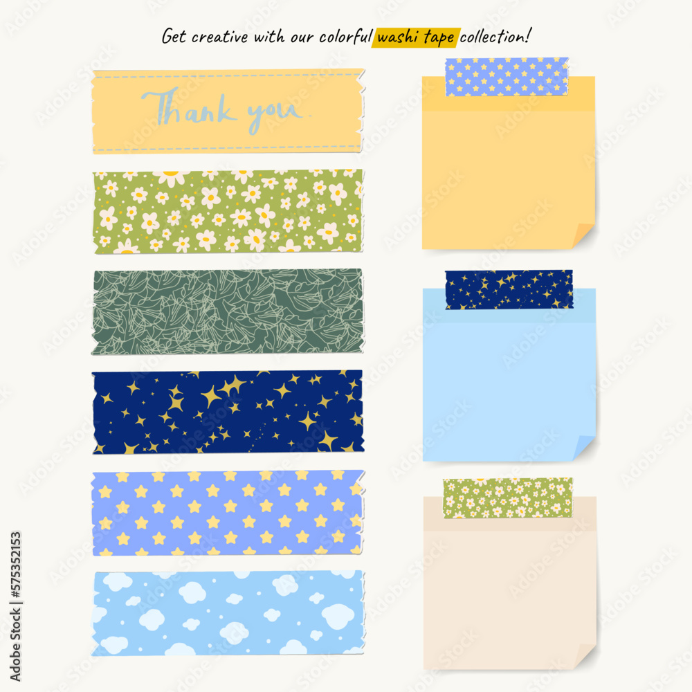 Set of Washi Tape and Sticky Note for Scrapbooking, DIY Projects, and Stationery Decoration, natural cute pattern, Pastel colorful Vector