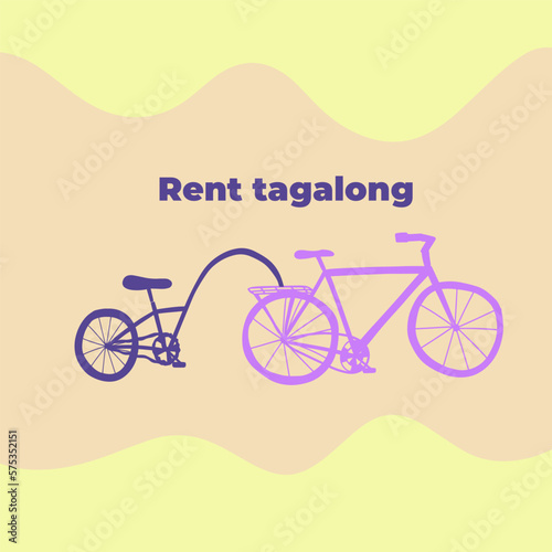 Rent a bicycle and a tag along for your child. Family cycling flat vector illustration. Rent bike equipment for your family. Flat vector illustration