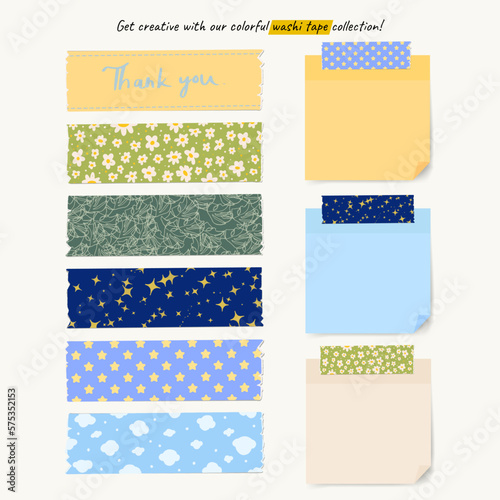 Set of Washi Tape and Sticky Note for Scrapbooking, DIY Projects, and Stationery Decoration, natural cute pattern, Pastel colorful Vector