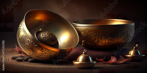 Tibetan singing bowl for music and sound healing and meditation. generative ai