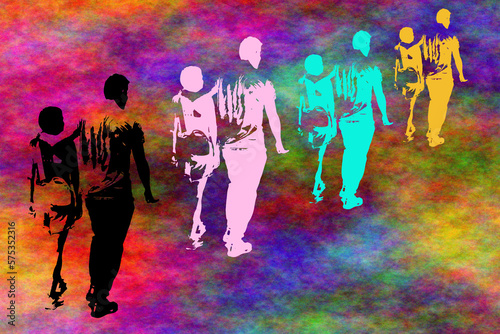 Fila eterea di coppie di cloni in cammino nello spazio colorato photo
