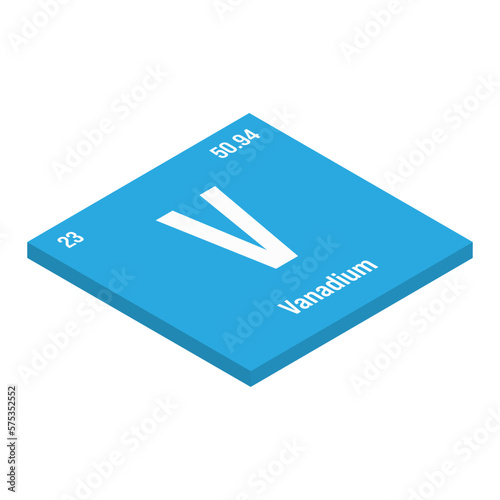 Vanadium, V, periodic table element with name, symbol, atomic number and weight. Transition metal with various industrial uses, such as in certain types of steel and as a catalyst in certain chemical