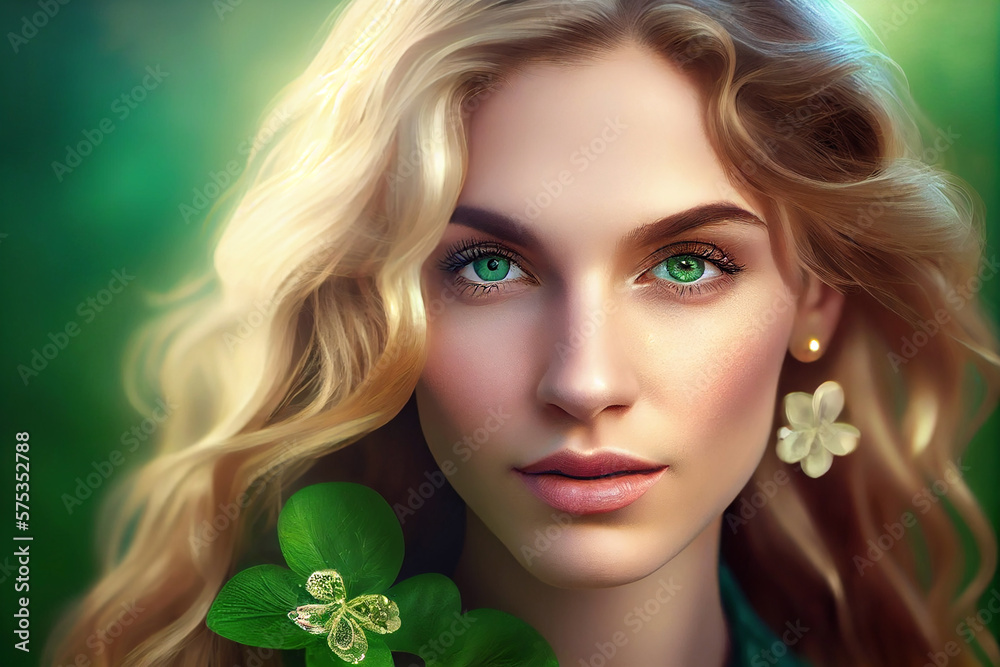 Beautiful woman with decorative clover on green background, generative ai
