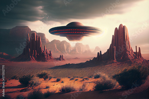 Flying saucer flying close to the Earth. UFO  an alien plate hovered motionless in space against the background of the earth. High quality ai illustration