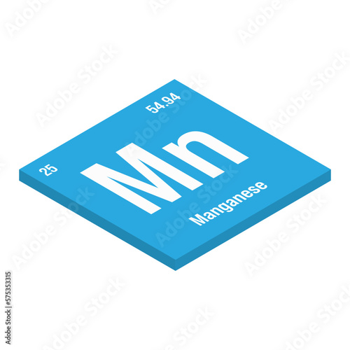 Manganese, Mn, periodic table element with name, symbol, atomic number and weight. Transition metal with various industrial uses, such as in steel production, batteries, and as a catalyst in certain