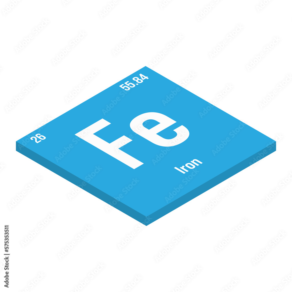 Iron, Fe, periodic table element with name, symbol, atomic number and weight. Transition metal with various industrial uses, such as in construction, transportation, and as a component of steel and Iron, Fe, periodic table element with name, symbol, atomic number and weight. Transition metal with various industrial uses, such as in construction, transportation, and as a component of steel and