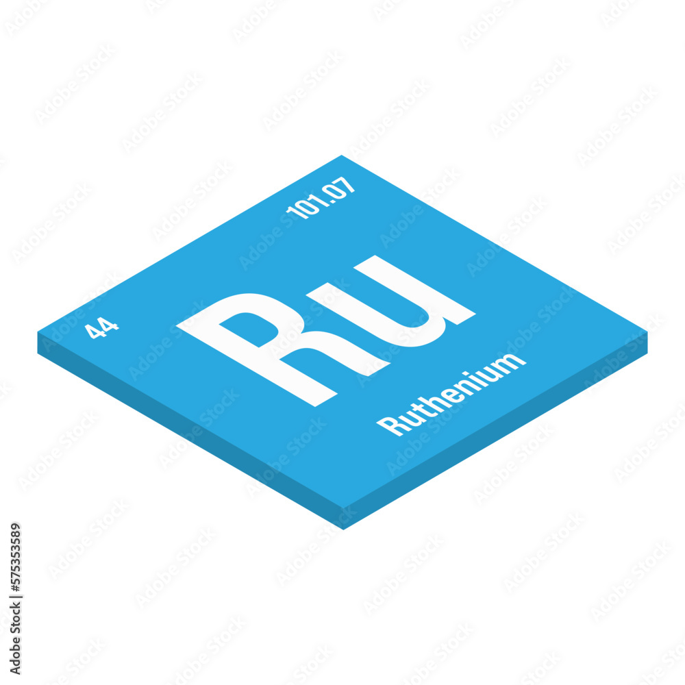 Ruthenium, Ru, periodic table element with name, symbol, atomic number and weight. Transition metal with various industrial uses, such as in electrical contacts, jewelry, and as a component in certain Ruthenium, Ru, periodic table element with name, symbol, atomic number and weight. Transition metal with various industrial uses, such as in electrical contacts, jewelry, and as a component in certain