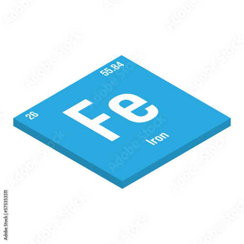 Iron, Fe, periodic table element with name, symbol, atomic number and weight. Transition metal with various industrial uses, such as in construction, transportation, and as a component of steel and