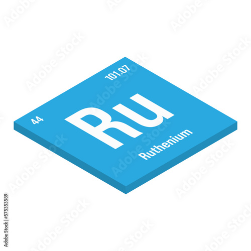 Ruthenium, Ru, periodic table element with name, symbol, atomic number and weight. Transition metal with various industrial uses, such as in electrical contacts, jewelry, and as a component in certain