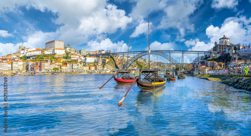 Landscape with boats on the Douro River in Porto, Portugal