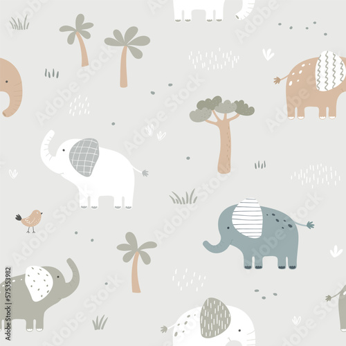 Seamless pattern with cute elephant on light background. Vector illustration in flat style. Can be used for wrapping paper, fabric, textile, wrapping paper, fabric, textile etc.