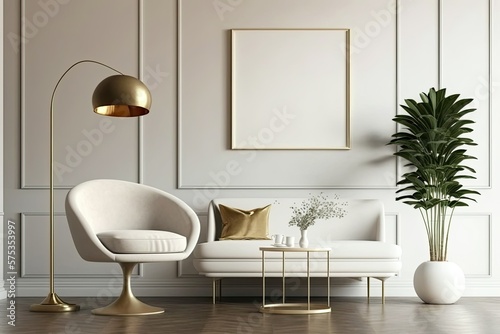 Warm beige tones fill this minimalist modern living room mockup  which also features a white  circular armchair and a brass floor lamp placed against a white wall. Generative AI