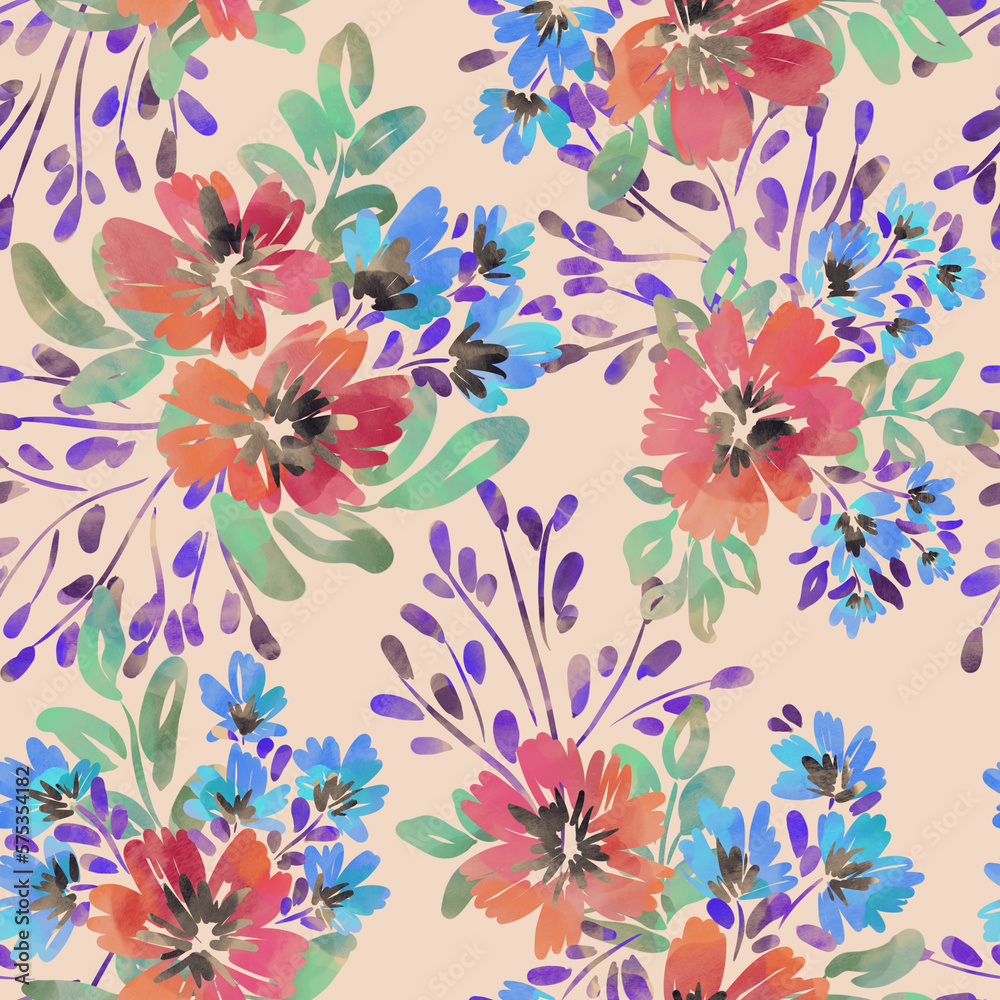 Watercolor drawing. Seamless floral pattern with bright colorful flowers and leaves. Elegant template for fashion prints. Modern floral background. Fashionable folk style. Ethnic style. Neon