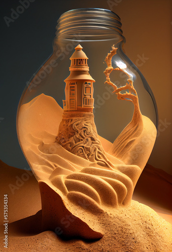 A beach sand art in glass bottle. Abstraction. Created with Generative AI technology.