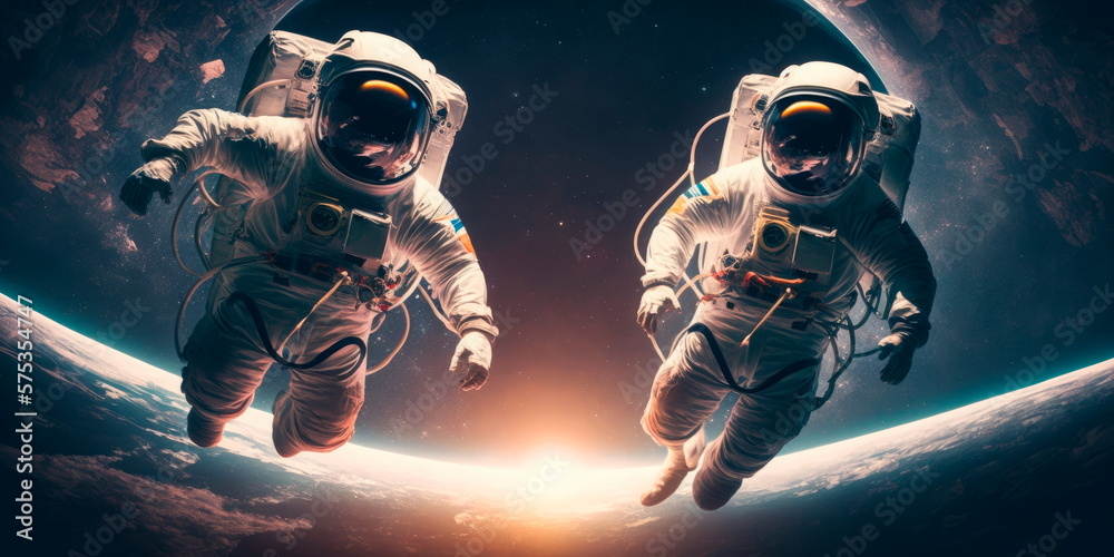 Astronauts floating in space with Earth in the background Generative AI