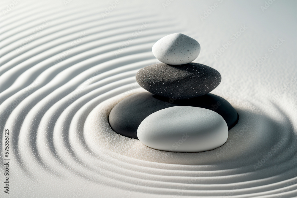Balanced tall stack of stones in white sand with ripples. Zen garden circles meditation nature beach background. Generative AI Balanced tall stack of stones in white sand with ripples. Zen garden circles meditation nature beach background. Generative AI