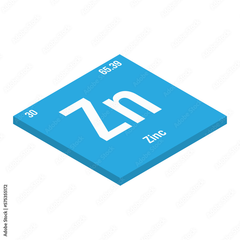 Zinc, Zn, periodic table element with name, symbol, atomic number and weight. Post-transition metal with various industrial uses, such as in certain types of alloys, and as a component in certain Zinc, Zn, periodic table element with name, symbol, atomic number and weight. Post-transition metal with various industrial uses, such as in certain types of alloys, and as a component in certain