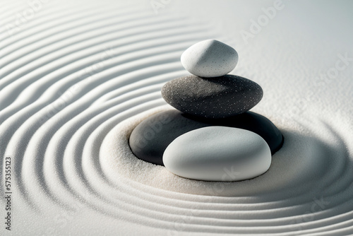 Balanced tall stack of stones in white sand with ripples. Zen garden circles meditation nature beach background. Generative AI 