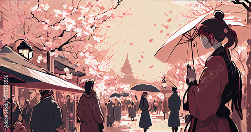 Cherry Blossom Festival Watercolor Art Style. Generative AI