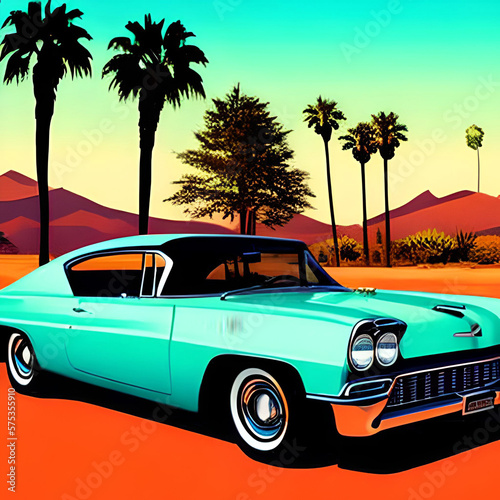 Palm springs touristic greeting card retro car silhouette paint. AI generated illustration © vector_master