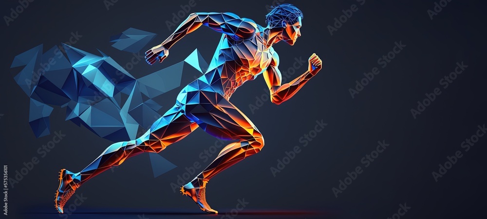 Obraz premium Body of man runner made of polygons jogging over dark blue background. Concept of hi tech in sport. Toned image mock up. copy space for text by ai generative