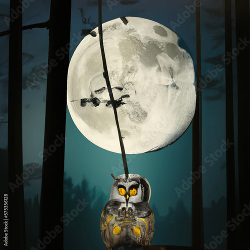 Illustration by ai. Image of an owl in the forest made with an image generator. He sits on a tree branch at full moon.
