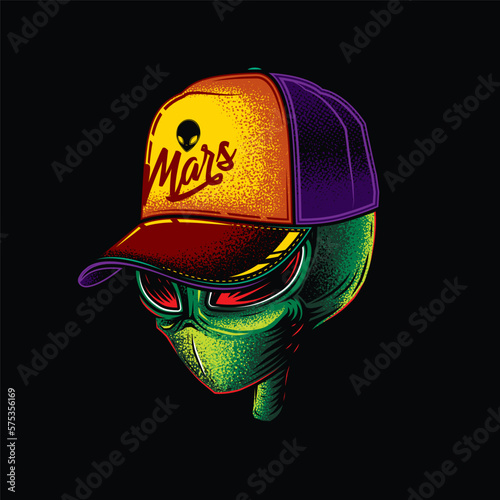 Original vector illustration. An alien in a cap. T-shirt design. Design elements.