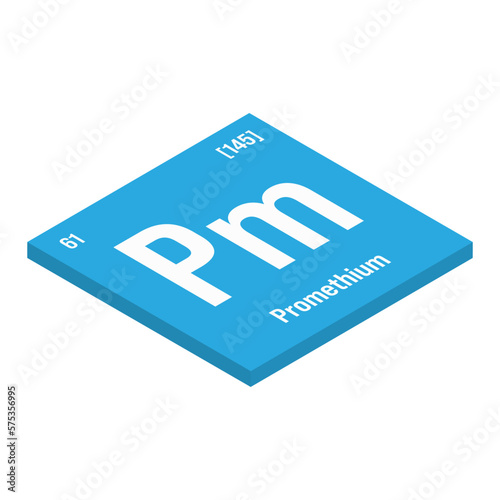 Promethium, Pm, periodic table element with name, symbol, atomic number and weight. Synthetic radioactive element with potential uses in scientific research and nuclear power.