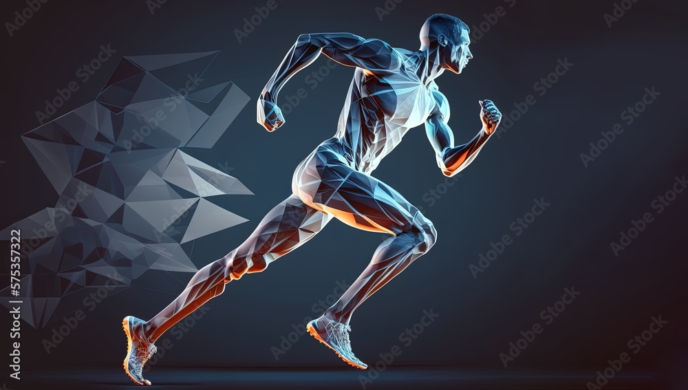 Body of man runner made of polygons jogging over dark blue background. Concept of hi tech in sport. Toned image mock up. copy space for text by ai generative