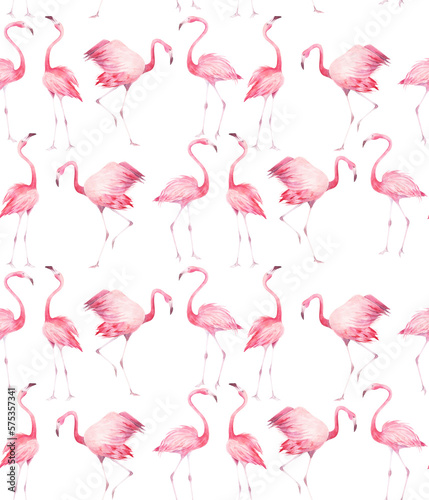 Watercolor seamless pattern with pink flamingos on white background. Summer decoration print for wrapping, wallpaper, fabric