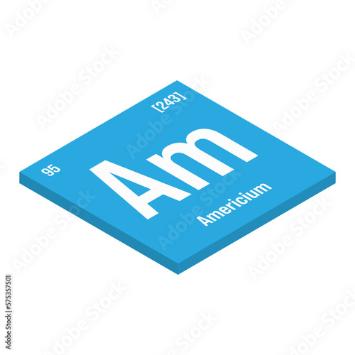 Americium, Am, periodic table element with name, symbol, atomic number and weight. Synthetic radioactive element used in smoke detectors, as a neutron source for scientific research, and potential