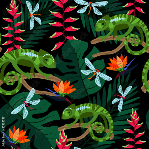 Seamless pattern chameleon and heliconia