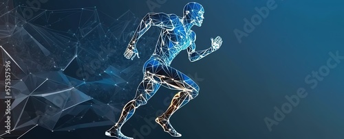 Body of man runner made of polygons jogging over dark blue background. Concept of hi tech in sport. Toned image mock up. copy space for text by ai generative © YuDwi Studio