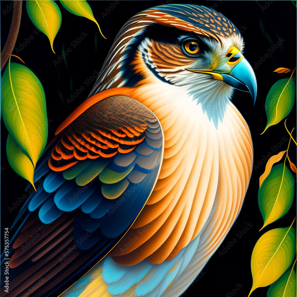 Fototapeta premium Sharp-shinned hawk surrounded with leaves, created with Generative AI technology