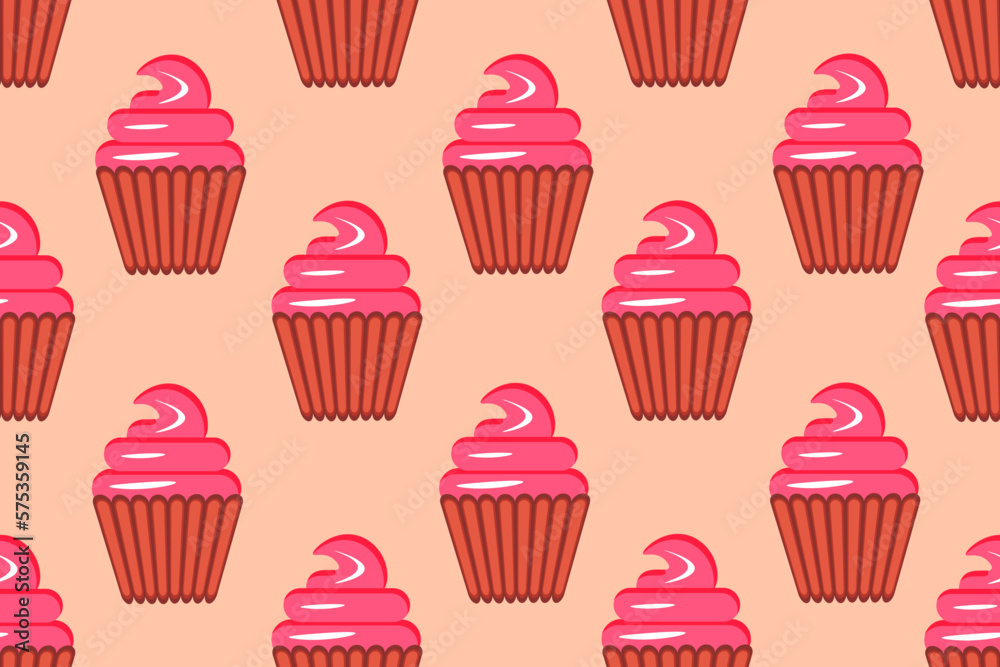 Seamless pattern with cupcakes. Endless background with birthday cupcake with pink icing. Wallpaper and bed linen print.