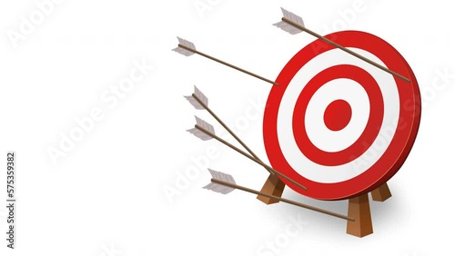 Series of 5 missed shots around the center of the circular red and white target placed on a wooden tripod on a white background