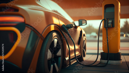 modern ecological electric car charging at a gas station .Generative AI © Sheviakova