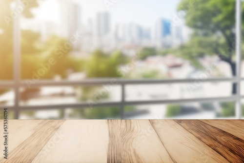 Blurred urban park in the background of an empty wooden table. Generative AI