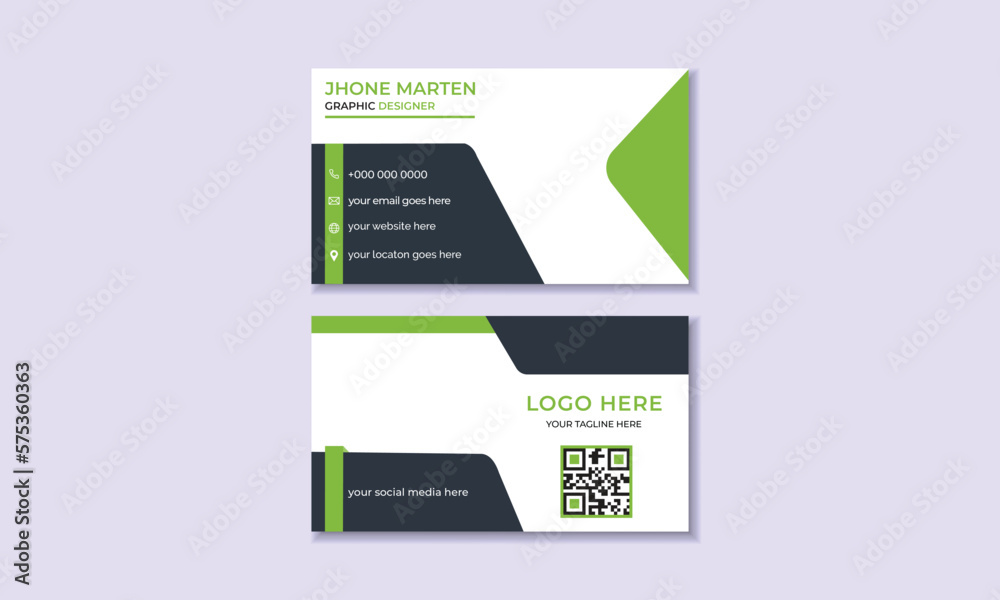 Business card template. Personal visiting card with company logo, Modern business card design green triangle and vector illustration  