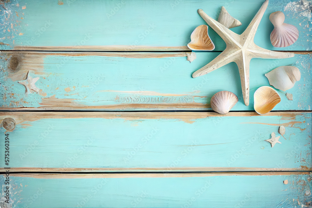 Seashells on wooden background - Old Rustic Wooden Boards Painted Light ...