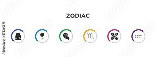 zodiac filled icons with infographic template. glyph icons such as safety, venus, spirit, scorpio, affluence, aquarius vector.