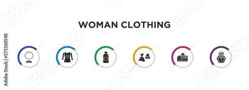 woman clothing filled icons with infographic template. glyph icons such as star pendant, heart shaped clothes, bottle, feminine fashion, fashionable hand bag, parfum vector.