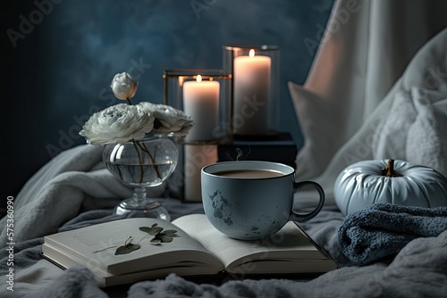 A closeup of a cup of tea, an open book, and several fragrant candles on a marble table, set against a background of a comfortable chair and soft lighting in a bedroom. Holidays in the colder months